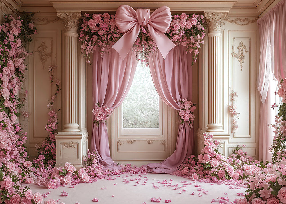 Avezano Pink Bow Curtains and Rose Room Photography Backdrop