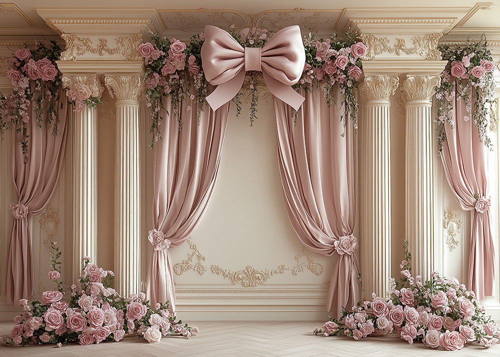Rideaux à nœuds roses et toile de fond pour photographie de piliers sculptés d'Avezano