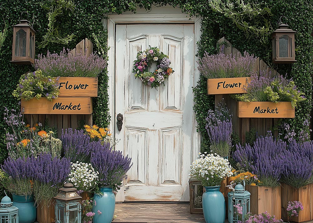 Toile de fond pour photographie du marché aux fleurs de printemps d'Avezano et de la porte en bois plus blanche