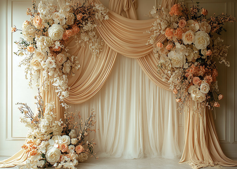 Avezano Bohemian White and Beige Window Gauze Rose Trim Photography Backdrop