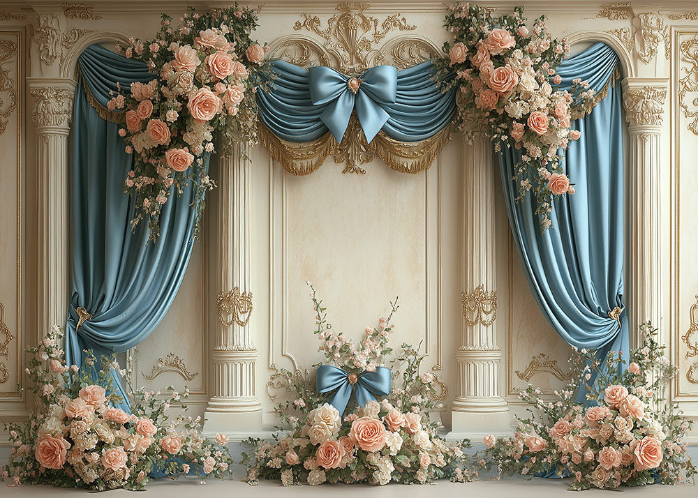 Toile de fond pour photographie de piliers blancs et de rideaux bleus d'Avezano