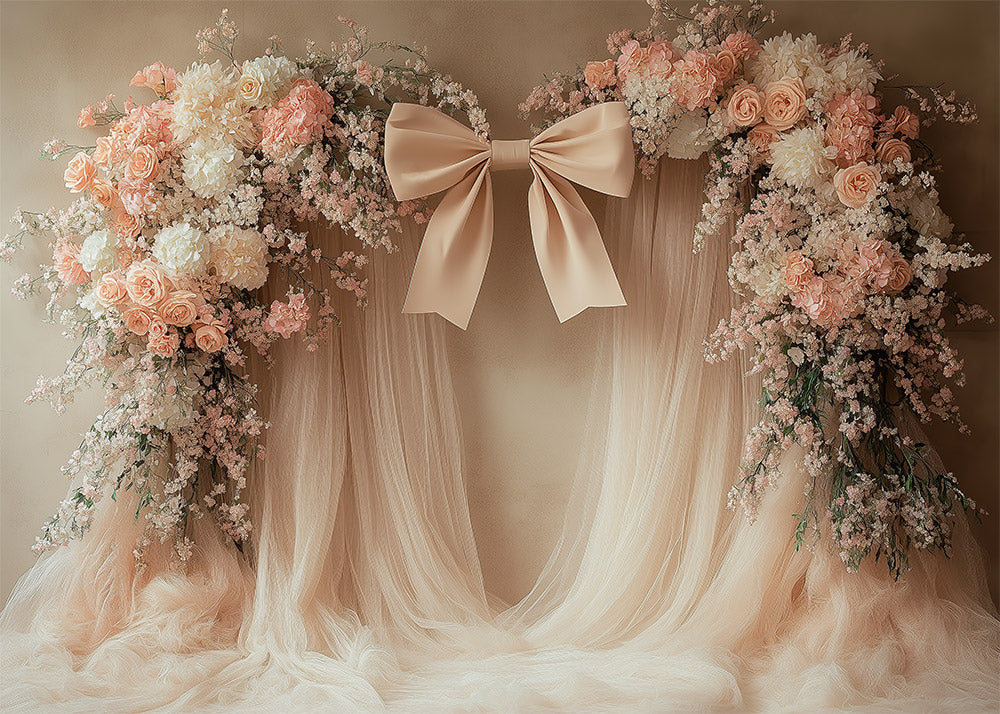 Toile de fond pour photographie avec un ensemble de nœuds et de roses roses d'Avezano