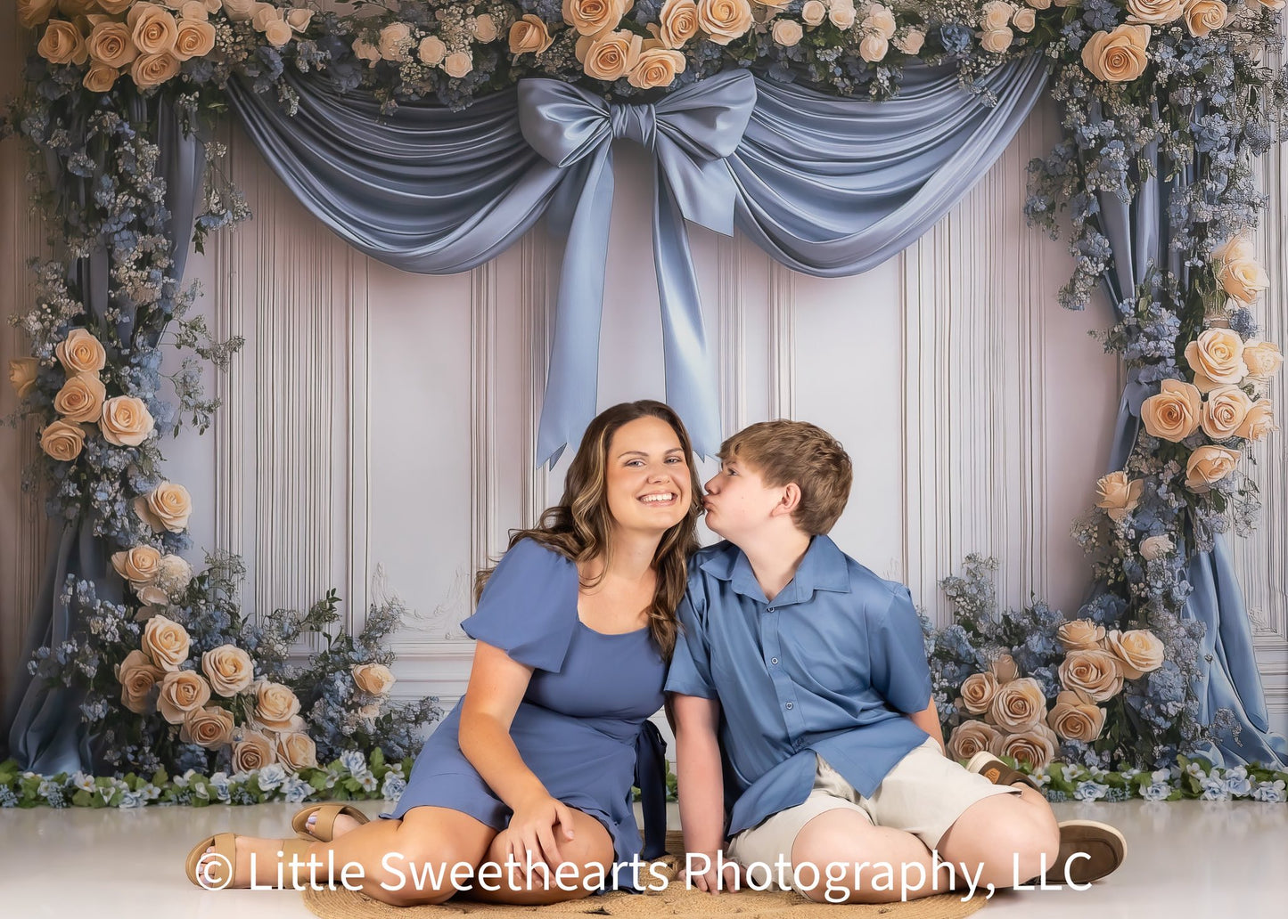 Avezano Blue Curtains and Yellow Roses Photography Backdrop