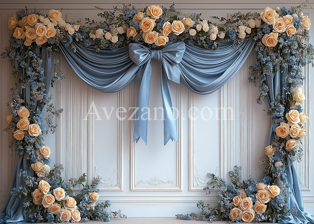 Toile de fond pour photographie avec bordure de rose en gaze de fenêtre blanche et beige bohème d'Avezano
