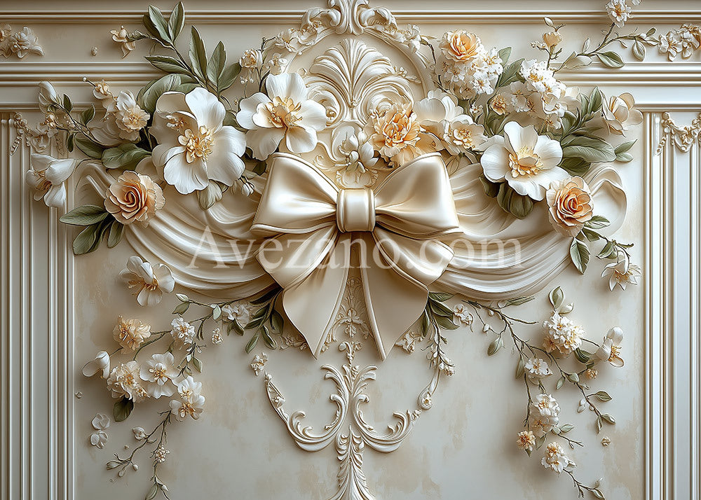 Toile de fond pour photographie avec bordure de rose en gaze de fenêtre blanche et beige bohème d'Avezano