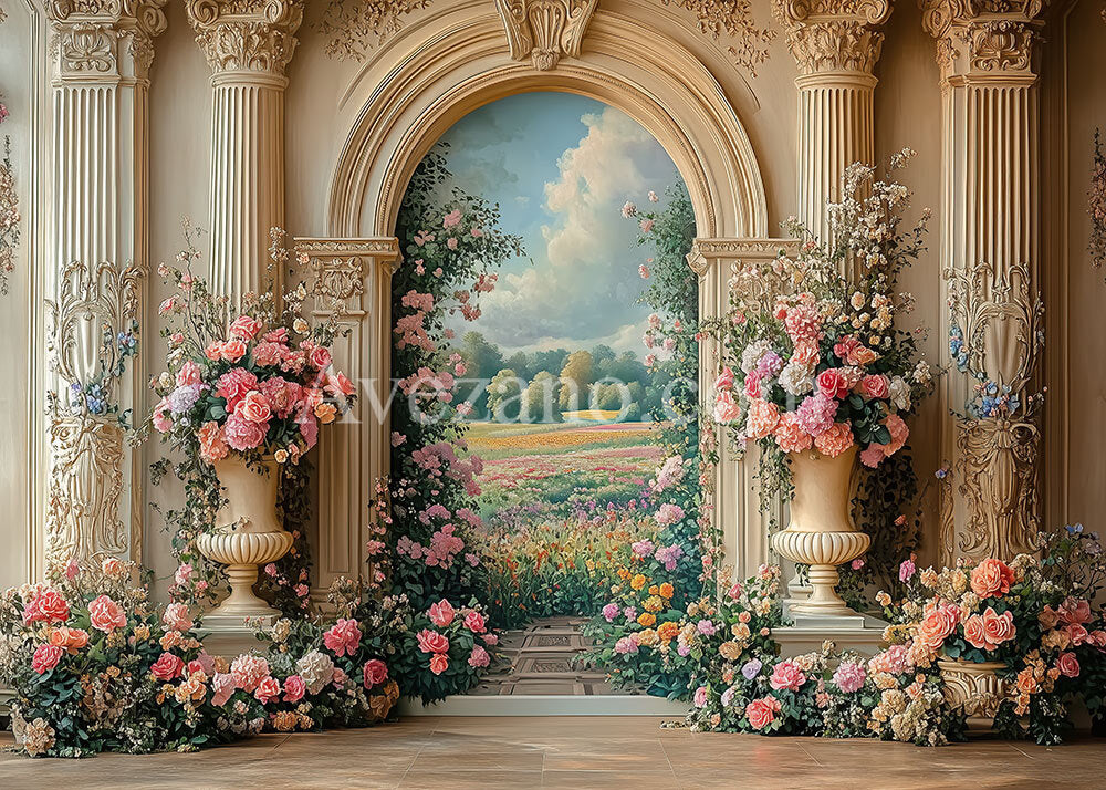 Toile de fond pour photographie avec bordure de rose en gaze de fenêtre blanche et beige bohème d'Avezano