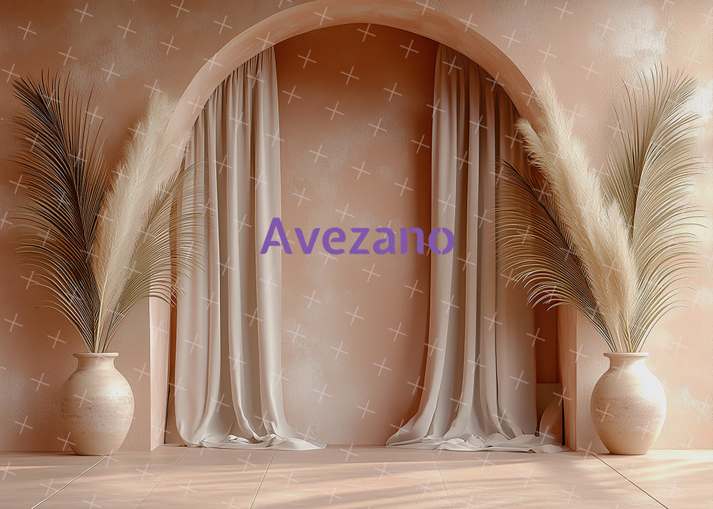 Toile de fond pour photographie de la salle des roseaux, du mur et du vase d'Avezano