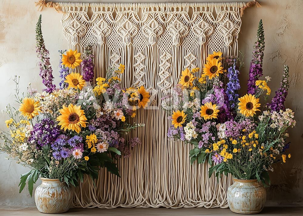 Toile de fond pour photographie avec bordure de rose en gaze de fenêtre blanche et beige bohème d'Avezano