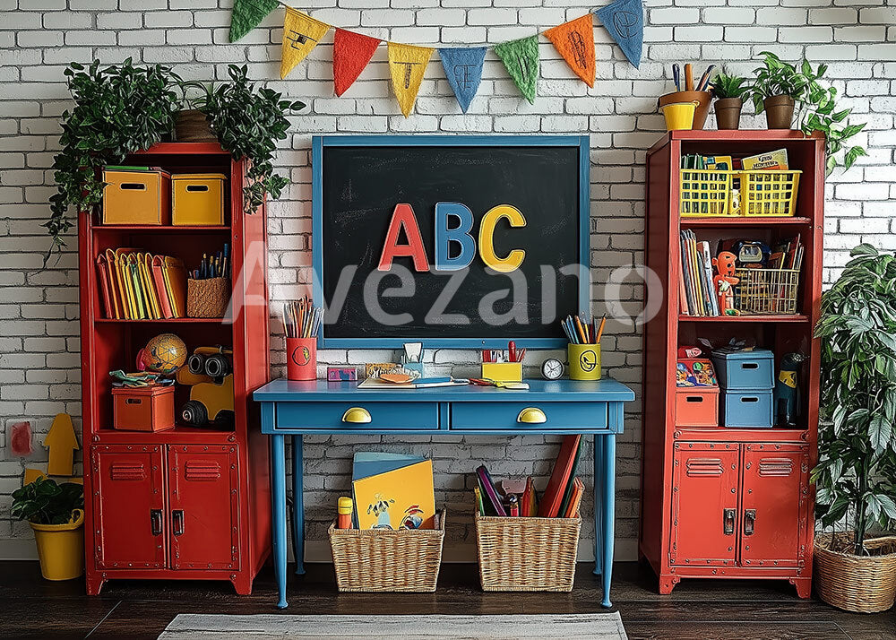 Avezano Classroom and Red Cabinet Photography Backdrop For Back To School
