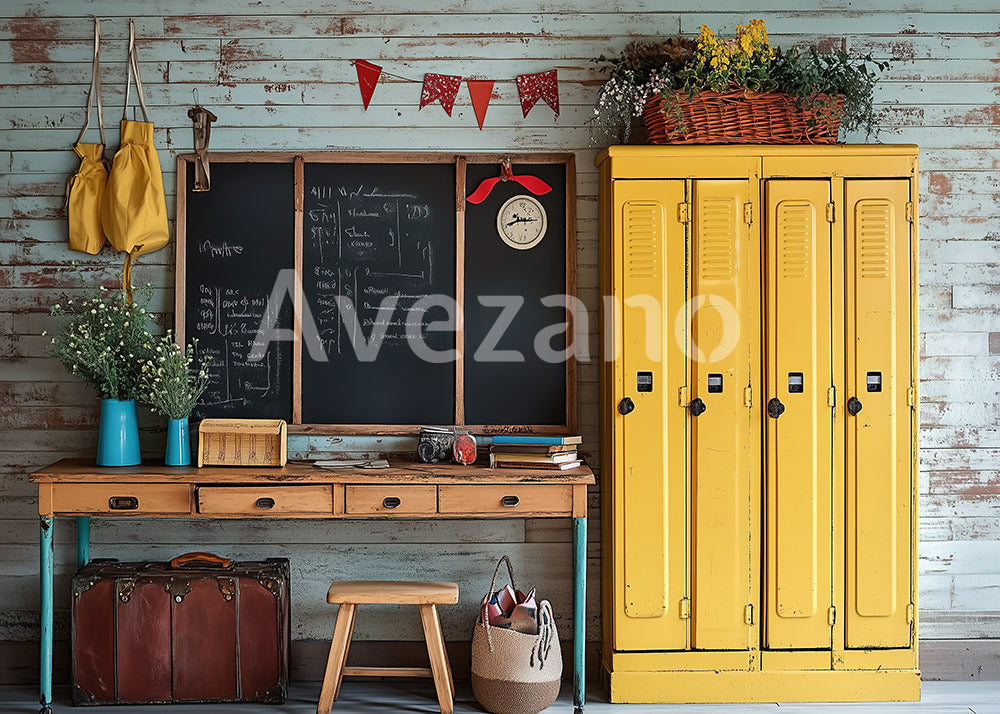 Avezano Yellow Cabinet and Blackboard Photography Backdrop For Back To School