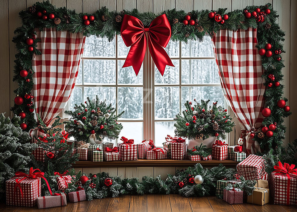 Avezano Red Checked Curtain Christmas Window Photography Backdrop