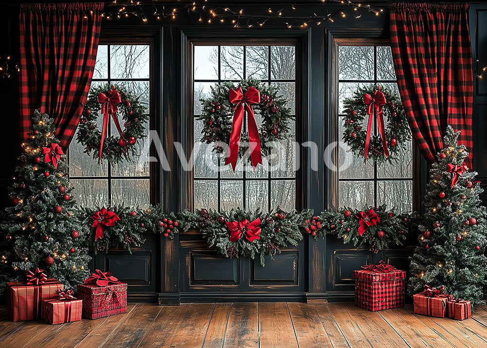 Avezano Triple Christmas Wreaths on Windows Photography Backdrop