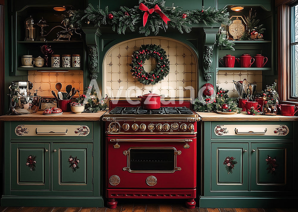 Avezano Festive Green Kitchen Christmas Photography Backdrop