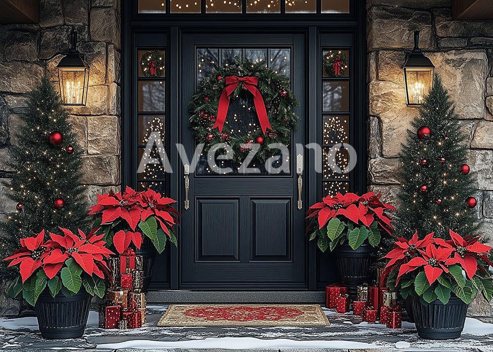 Avezano Christmas Doorway with Poinsettias Photography Backdrop