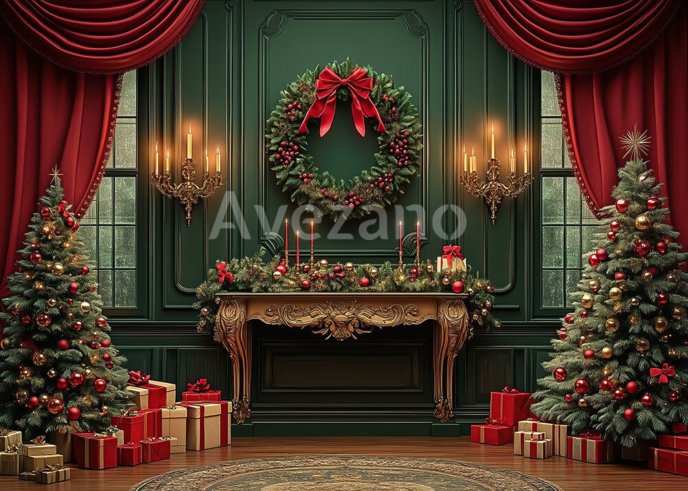 Toile de fond pour photographie de sapin de Noël blanc et de cadeaux d'Avezano