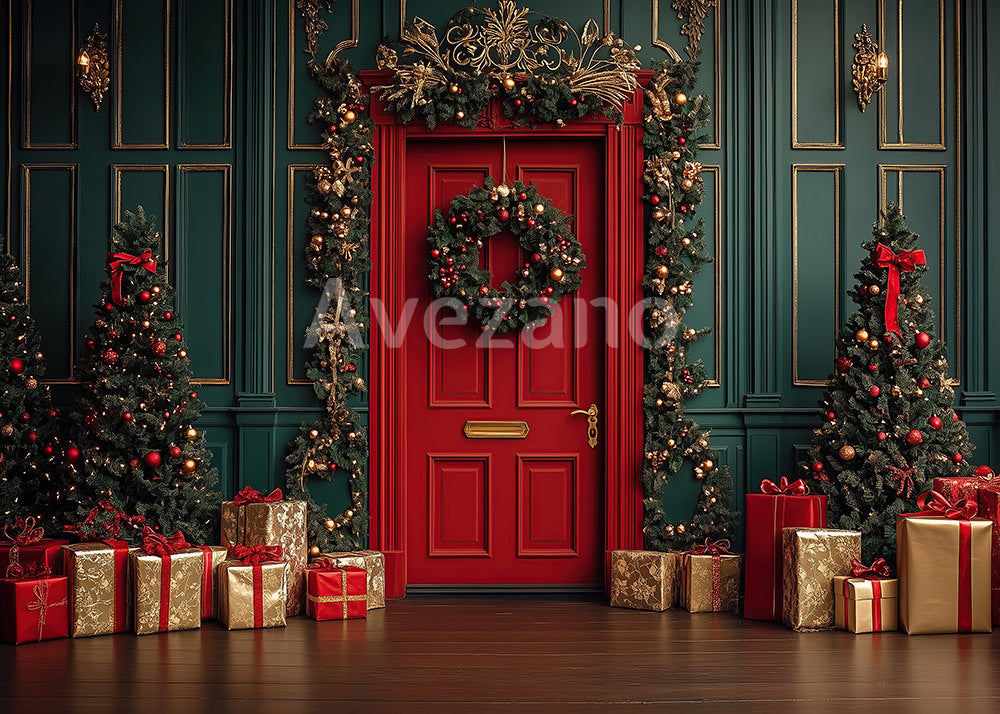 Toile de fond pour photographie de sapin de Noël blanc et de cadeaux d'Avezano