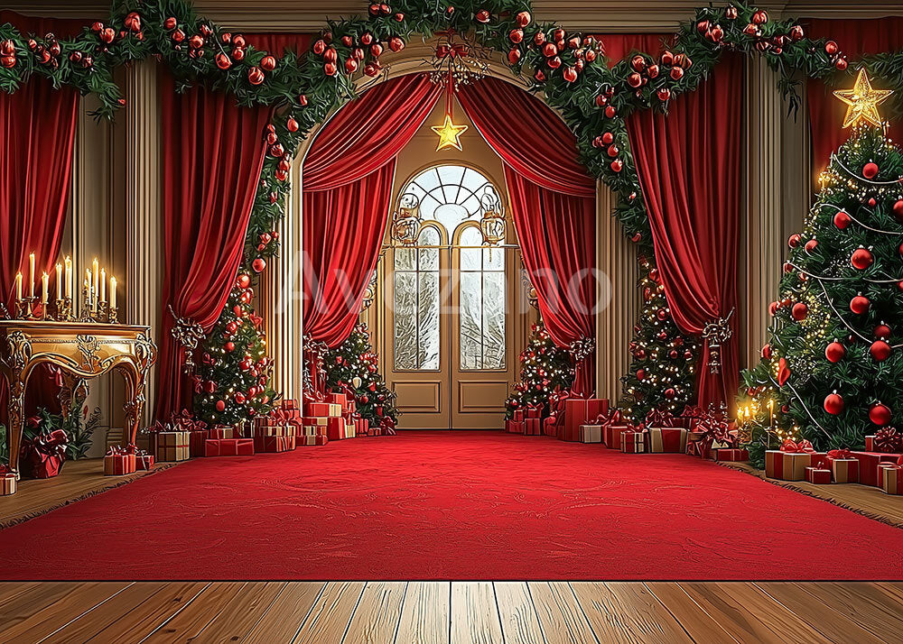 Toile de fond pour photographie de sapin de Noël blanc et de cadeaux d'Avezano