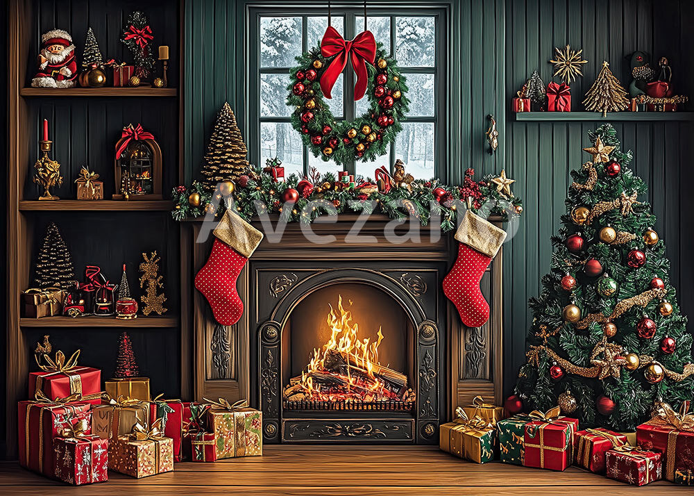 Toile de fond pour photographie de sapin de Noël blanc et de cadeaux d'Avezano