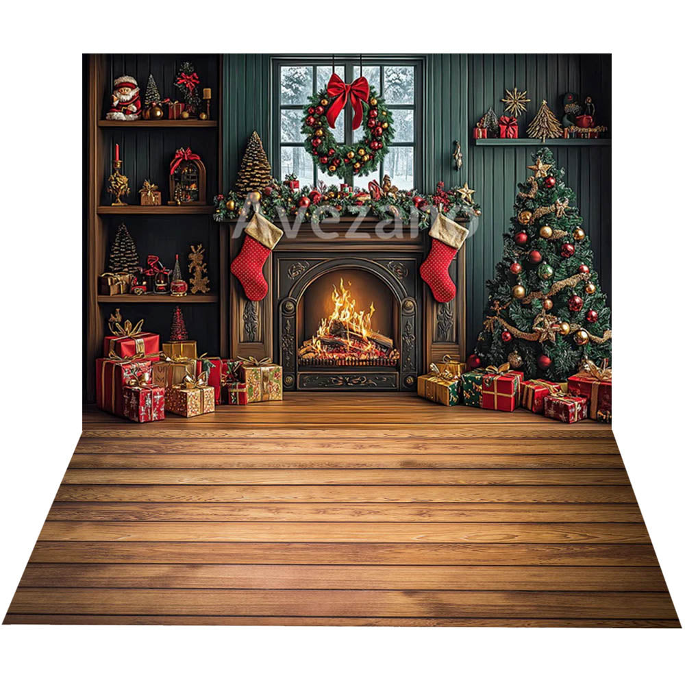 Avezano Christmas Fireplace Interior 2 pcs Set Backdrop holiday gift
