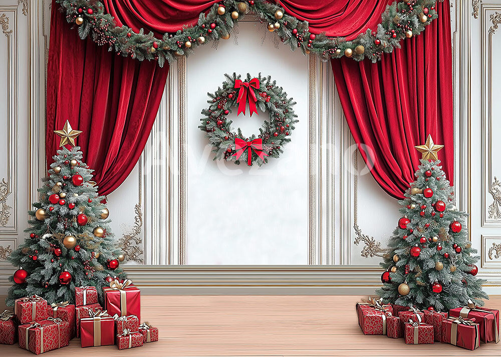 Toile de fond pour photographie de sapin de Noël blanc et de cadeaux d'Avezano