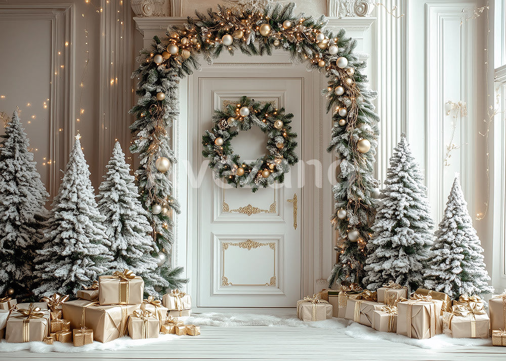 Avezano White Door Golden Ornament Christmas Photography Backdrop