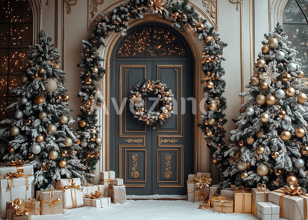 Avezano Dark Door Golden Accent Christmas Photography Backdrop