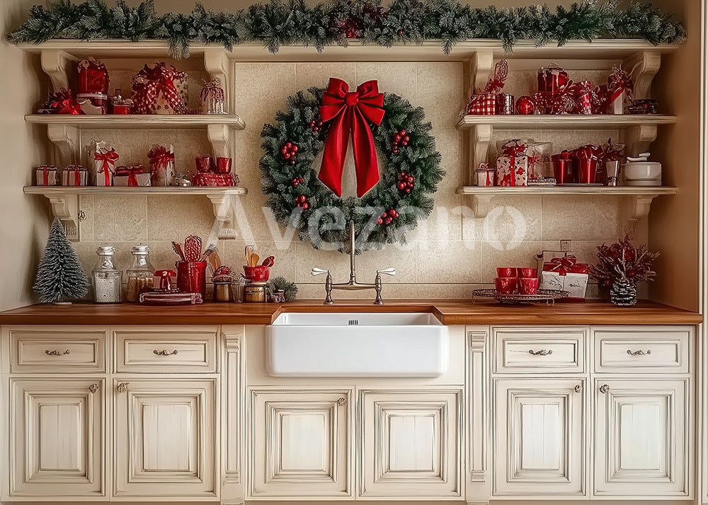 Toile de fond pour photographie de sapin de Noël blanc et de cadeaux d'Avezano