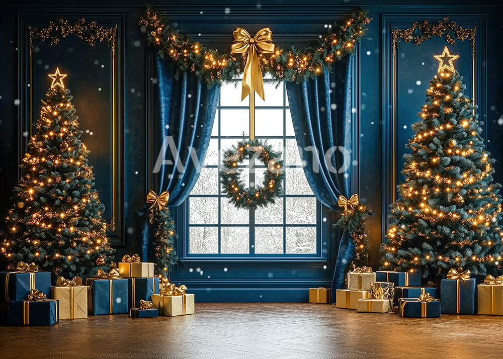 Avezano Navy Blue Gold Christmas Window Photography Backdrop