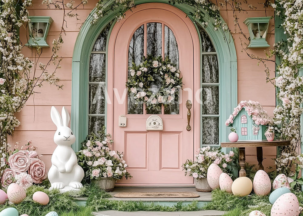 Avezano Pink Door Easter Bunny Floral Photography Backdrop