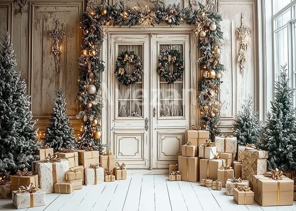 Avezano Vintage Christmas Door Gold Gift Photography Backdrop