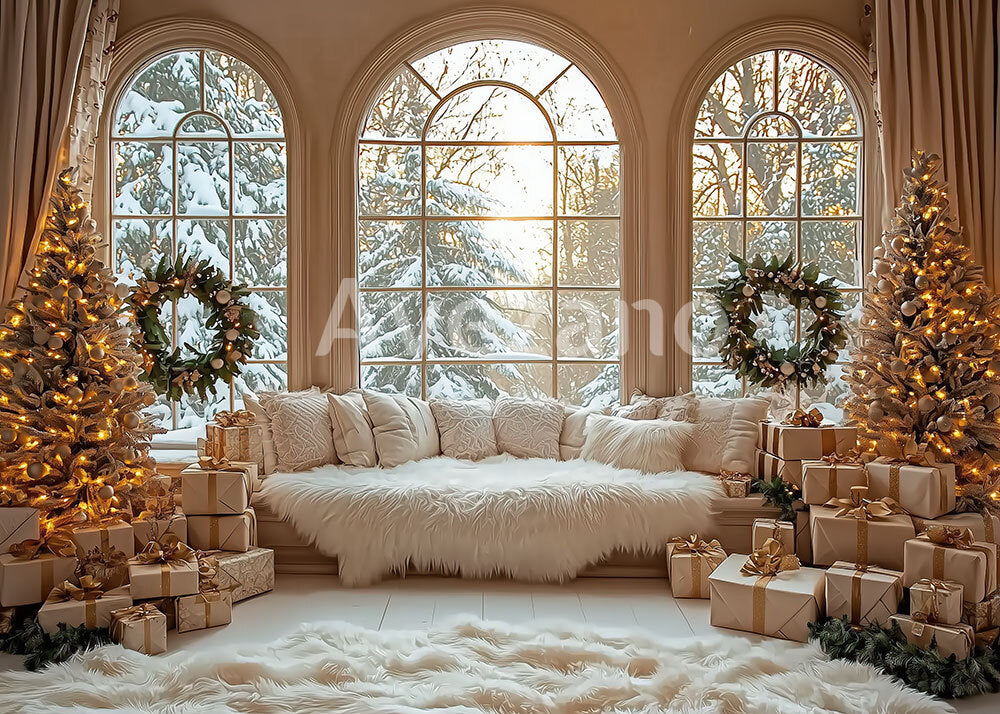 Avezano Creamy Christmas Window Fur Sofa Photography Backdrop