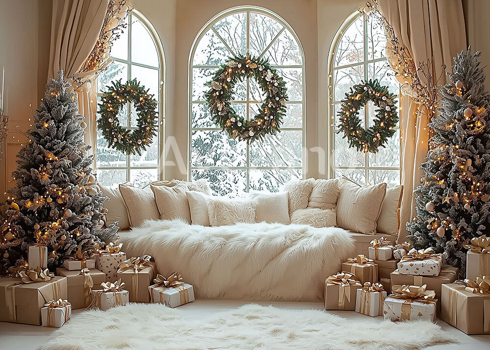 Avezano Beige Christmas Window Wreath Gift Photography Backdrop