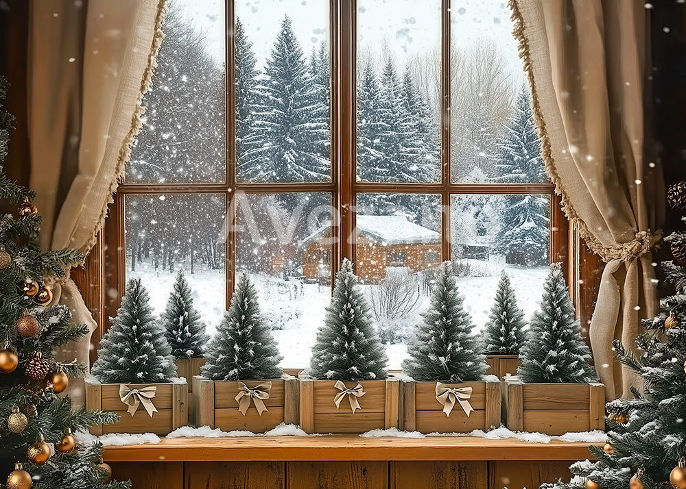 Avezano Snowy Cabin Window Mini Tree Photography Backdrop