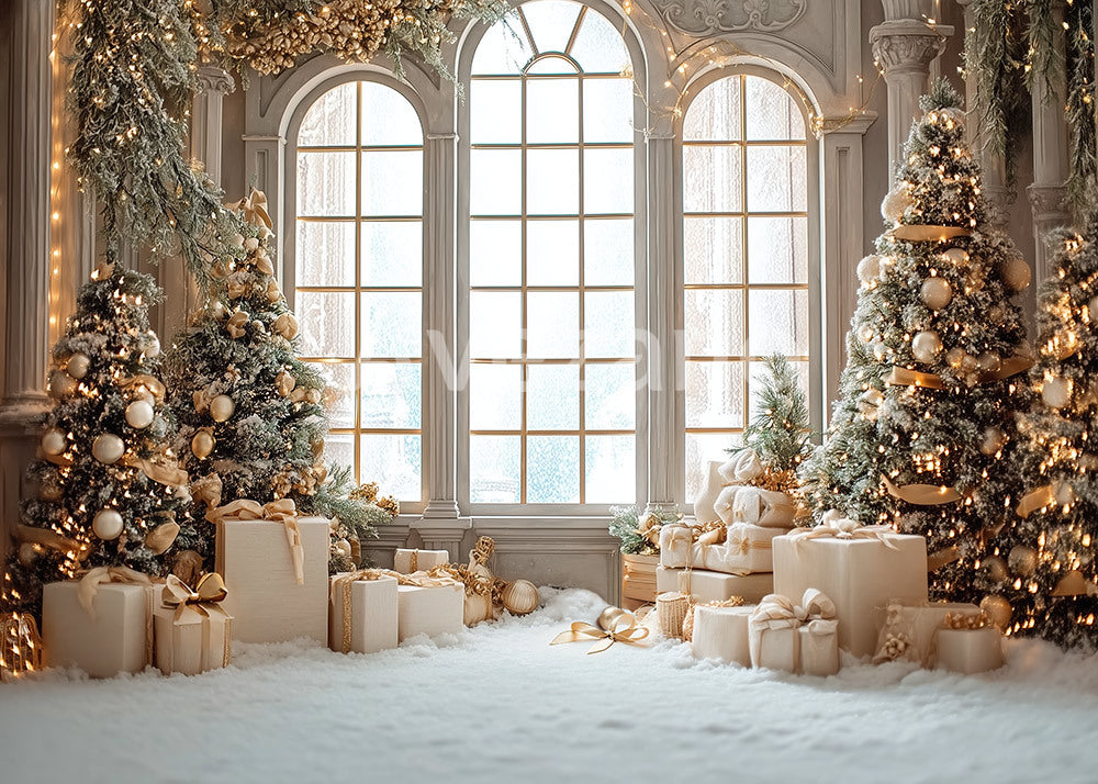 Avezano Elegant Christmas Window Gold Tree Gift Photography Backdrop