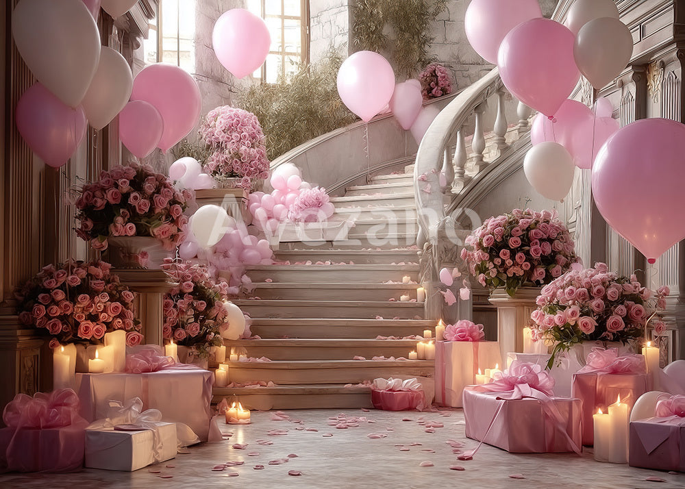 Avezano Romantic Pink Flower Balloon Curved Staircase Photography Backdrop