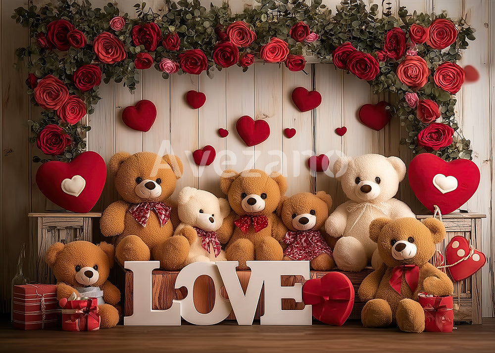 Avezano 'LOVE' Themed Teddy Bear Floral Photography Backdrop