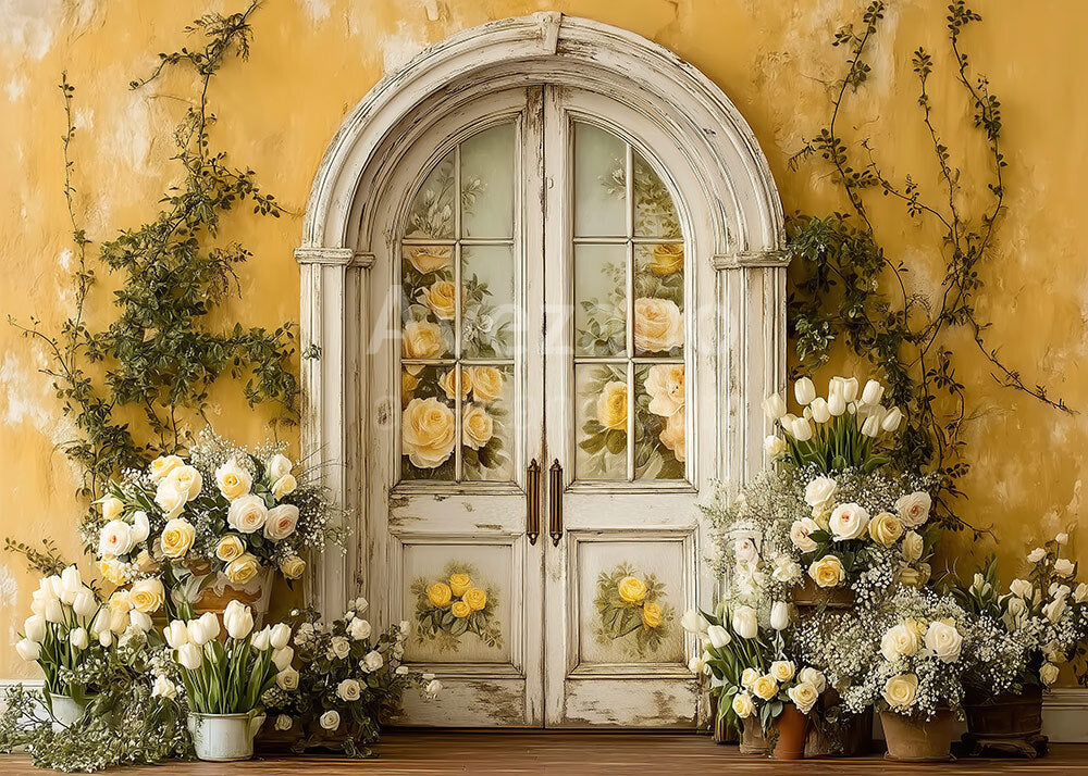 Avezano Yellow Wall Floral Arch Door Photography Backdrop