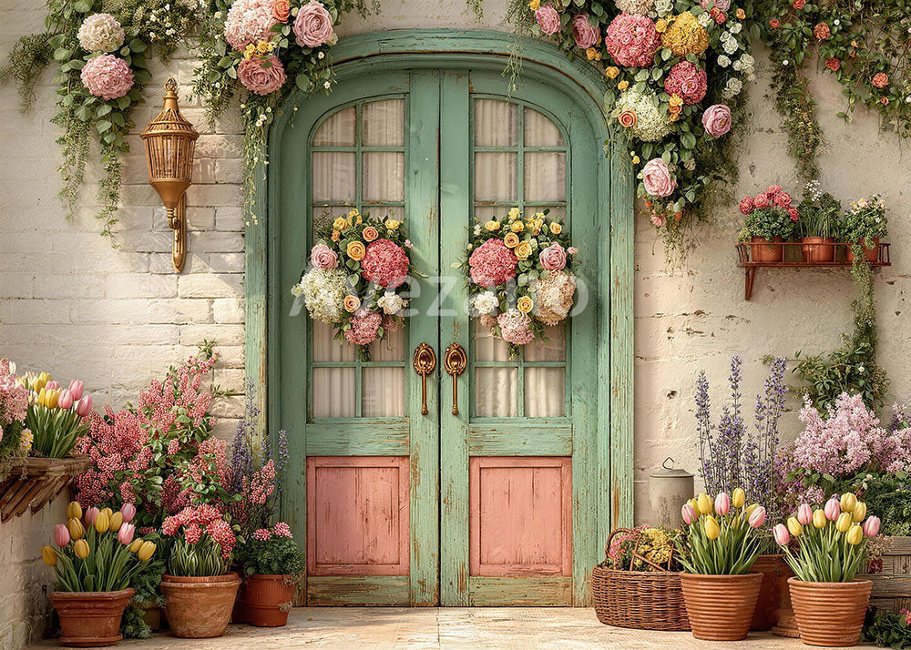 Avezano Spring Floral Door with Tulips Photography Backdrop