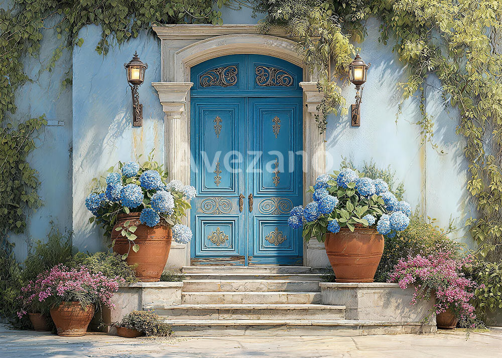 Avezano Ornate Blue Door Ivy Clad Photography Backdrop