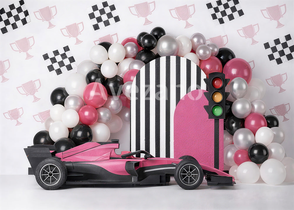 Avezano Pink Race Car Balloon Arch Photography Background