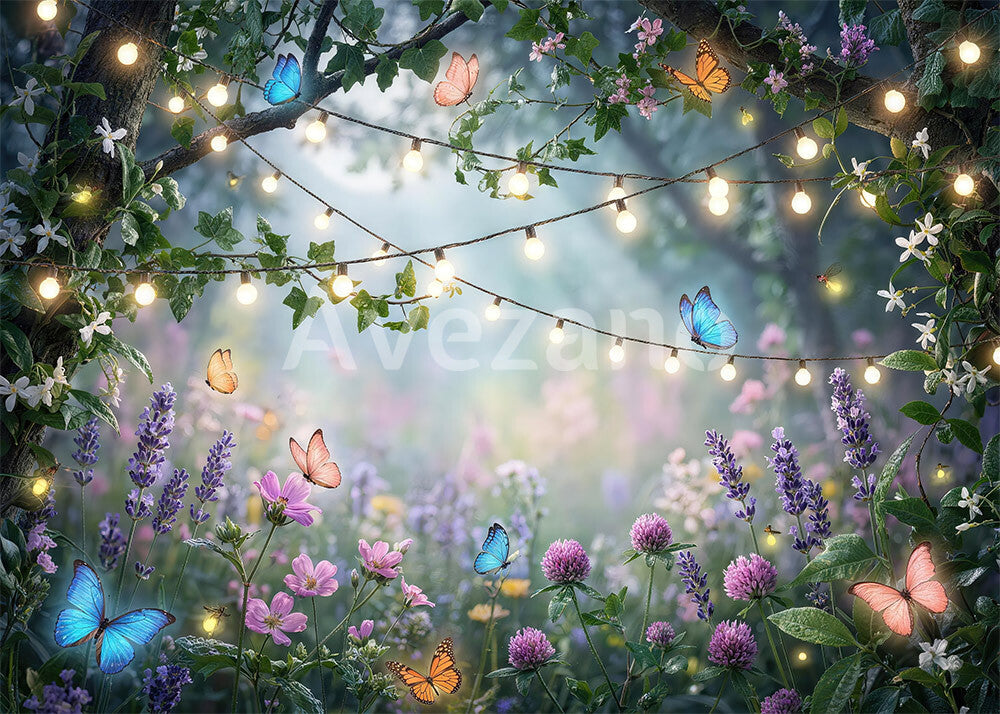 Avezano Enchanted Forest String Lights Butterfly Floral Photography Background