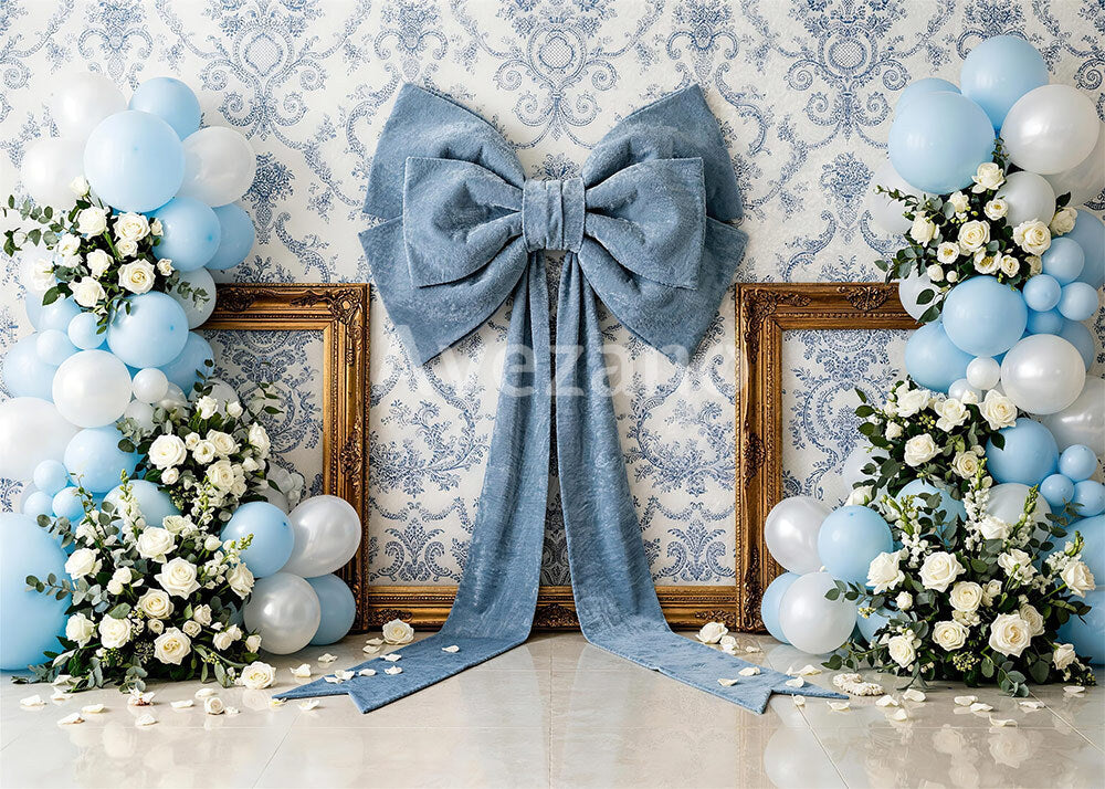 Avezano Blue Bow Balloon Floral Photography Backdrop