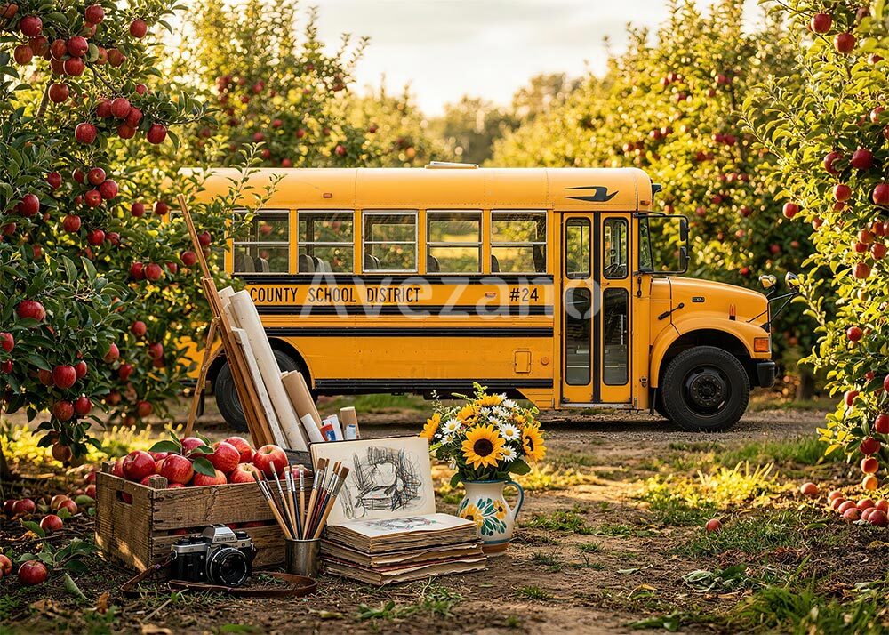 Avezano Yellow School Bus Apple Orchard Photography Backdrop