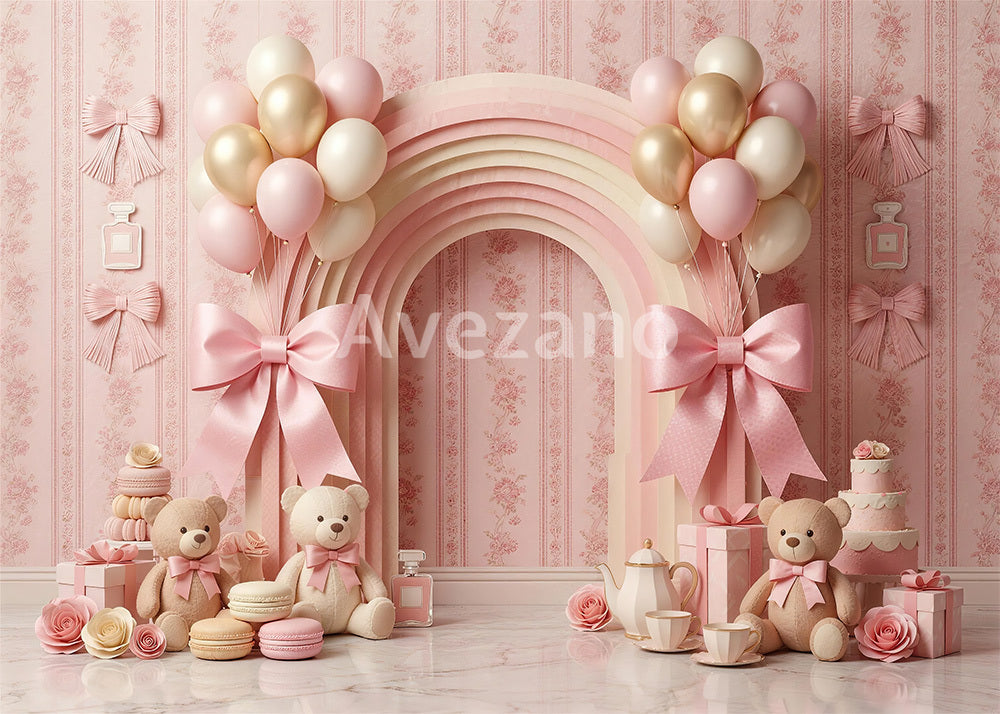 Avezano Pink Teddy Bear Tea Party Birthday Photography Backdrop