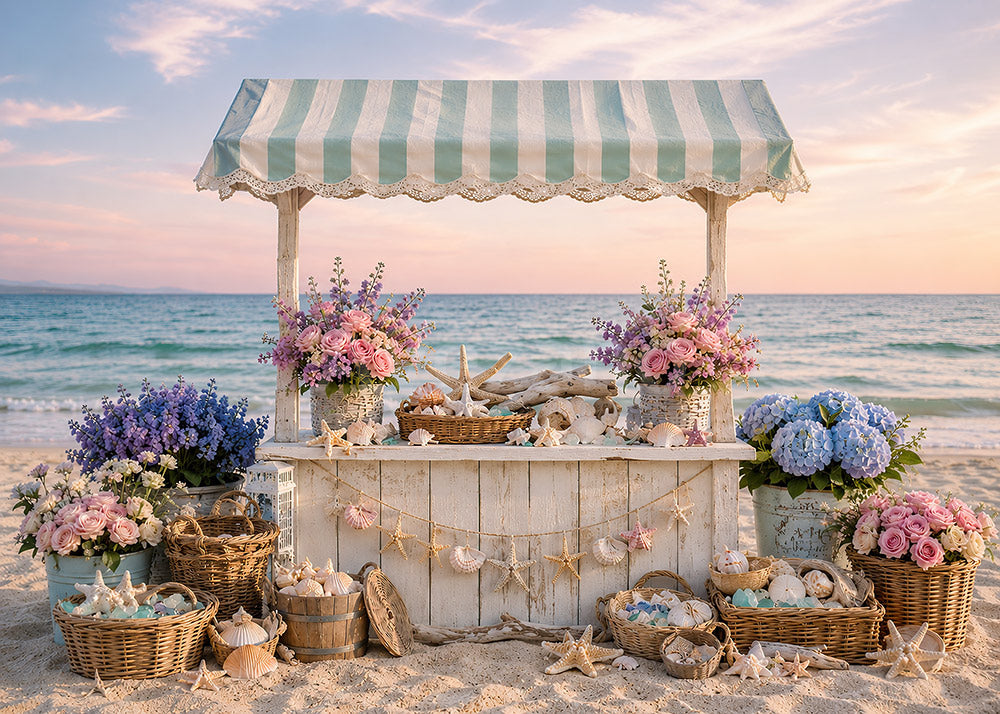 Avezano Sunset Beach Floral Seashell Stall Photography Backdrop