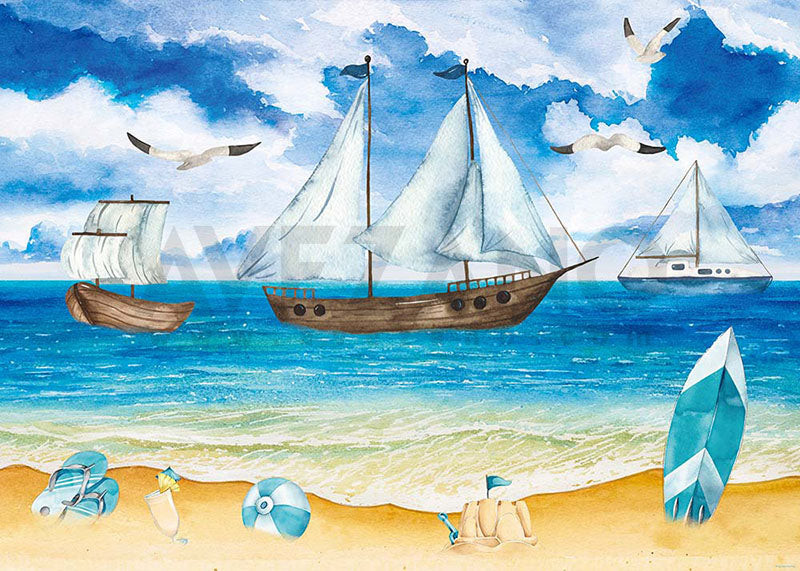 Avezano Summer Beach sailboat Photography Backdrop-AVEZANO