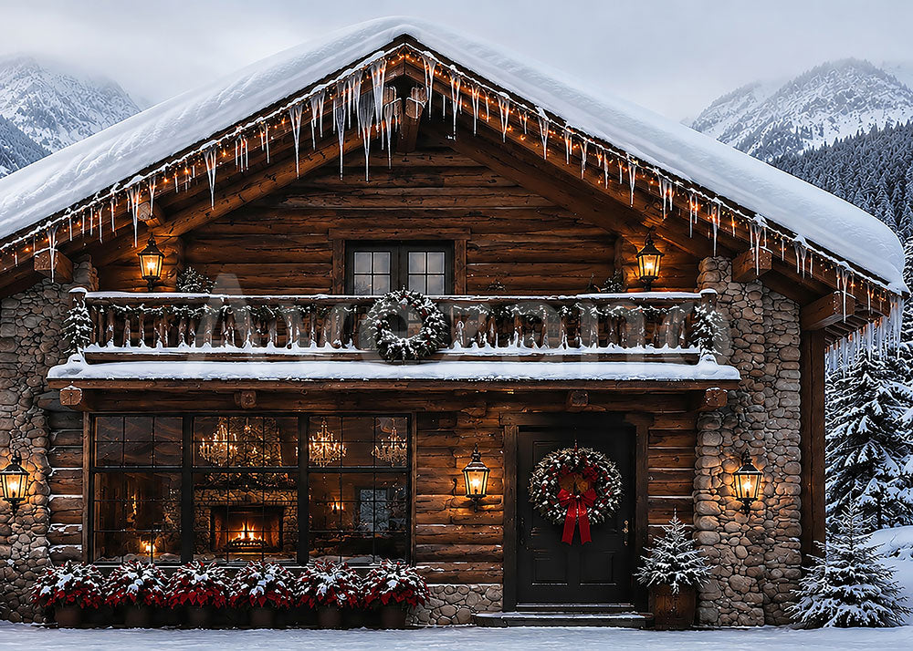 Avezano Christmas Snowy Mountain Log Cabin Photography Backdrop