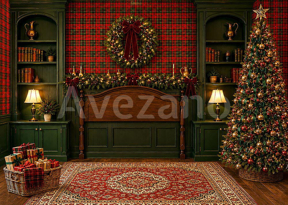 Avezano Red Tartan Christmas Bedroom Photography Backdrop