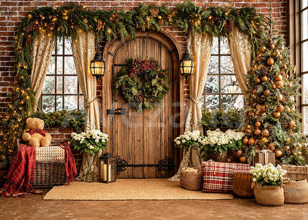 Avezano Rustic Brick Wooden Door Christmas Photography Backdrop