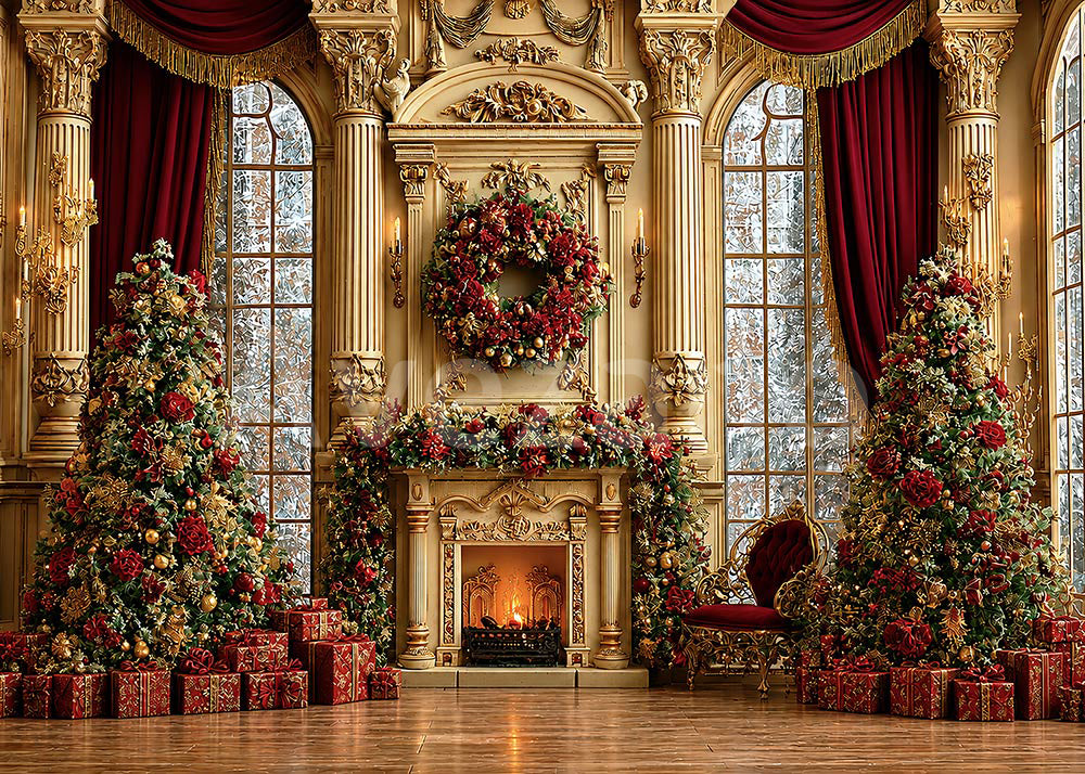 Avezano Luxury Golden Fireplace Christmas Photography Backdrop